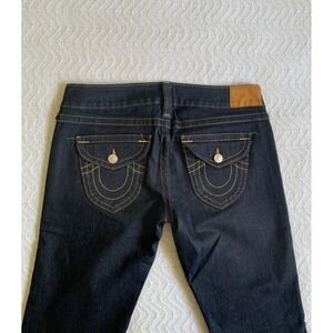 VTG Y2K True Religion Denim Bell Bottom Flare dark wash Jeans Sz 32 Leather Tag
